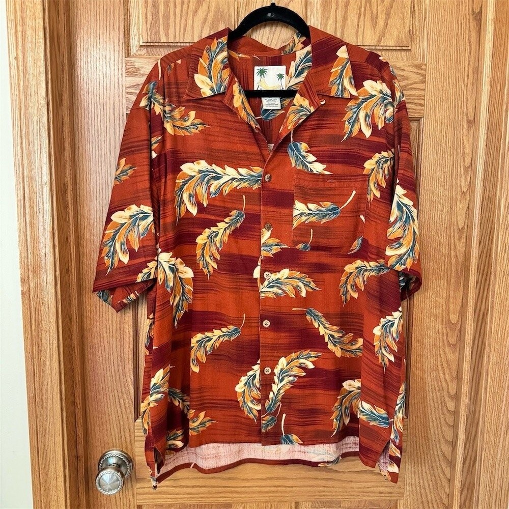 Banana Cabana Mens Hawaiian Aloha Camp Shirt Red Feather Print XL Button